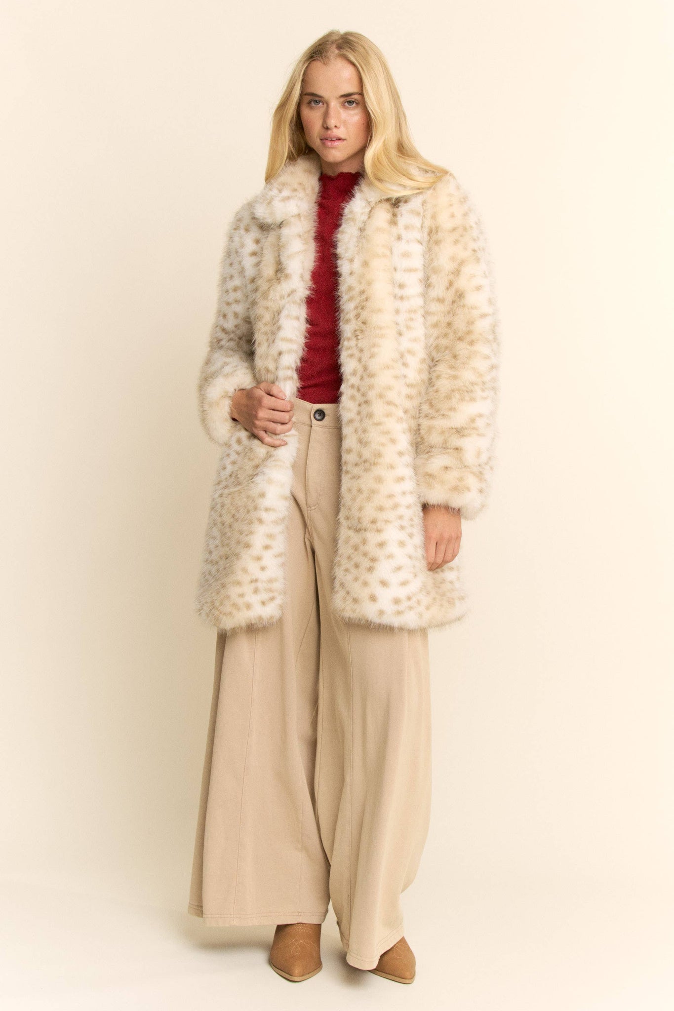 TRICOLOR FAUX FUR COAT: LEOPARD/TAUPE
