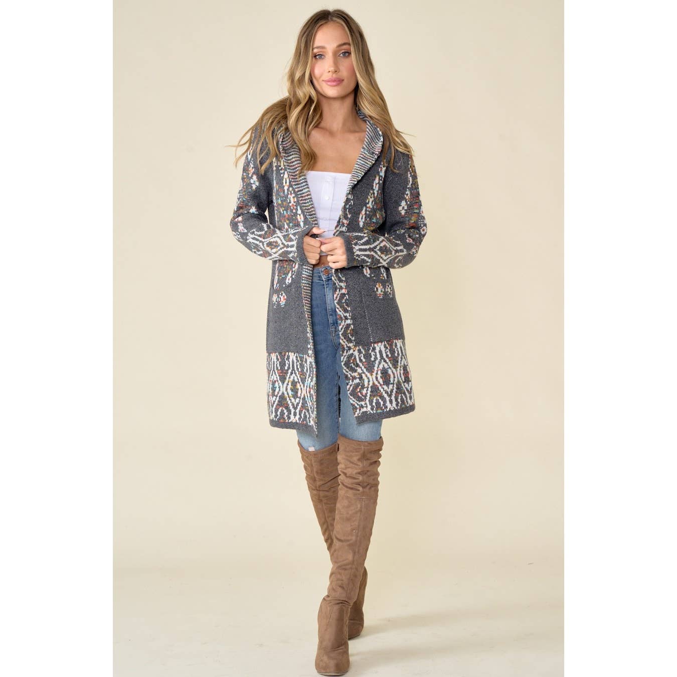 Aztec Rainbow Jacquard Long Sleeve Hooded Cardigan: GREY