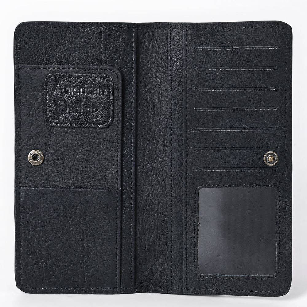 Black Suede Leather Wallet with White Whipstitch Embroidery: ADBG1687A