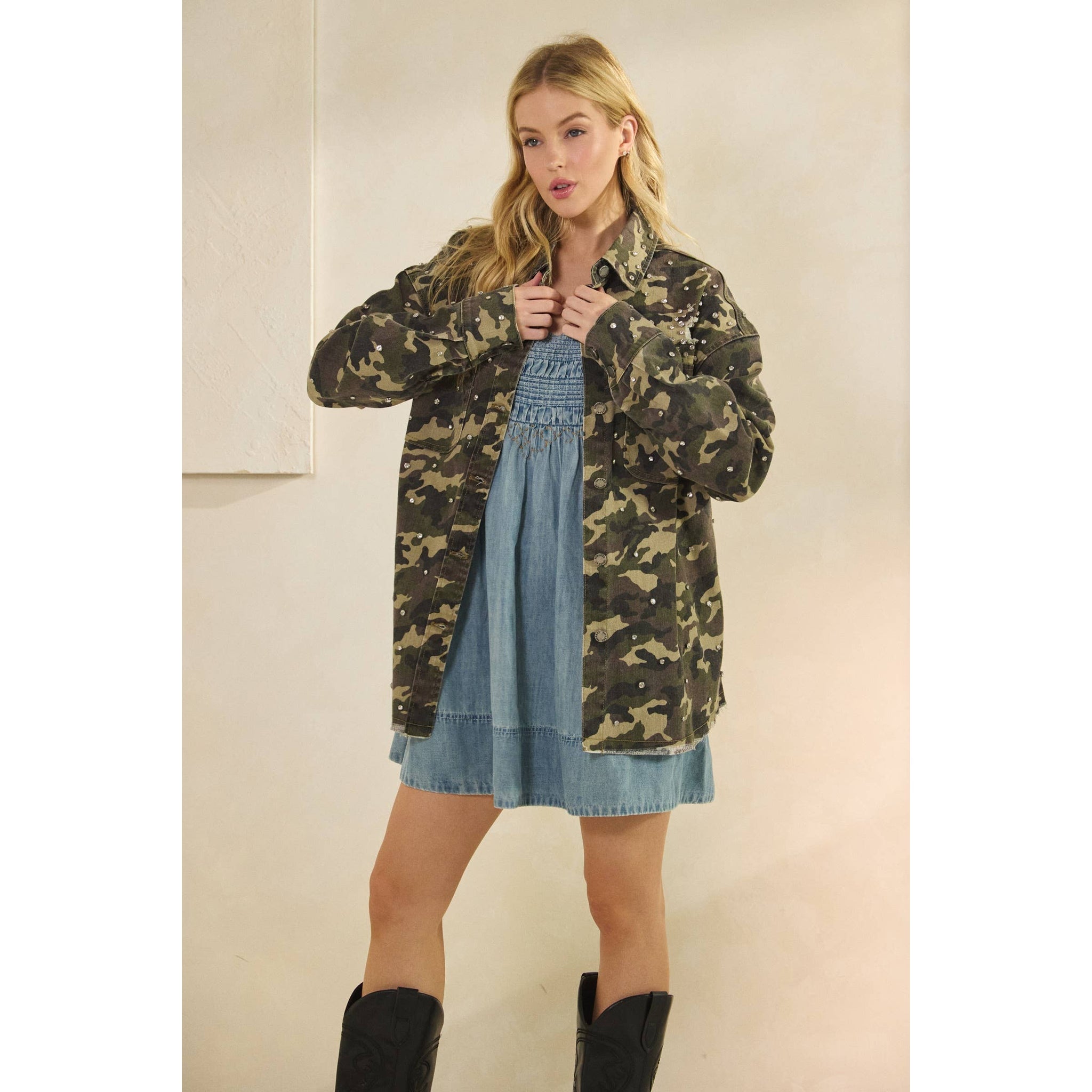 Printed Rhinestone Denim Jacket: Camo