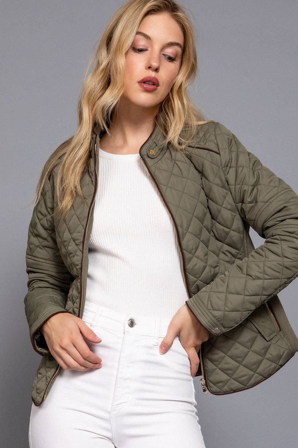 Suede Piping Detail Rib Quilted Padding Jacket