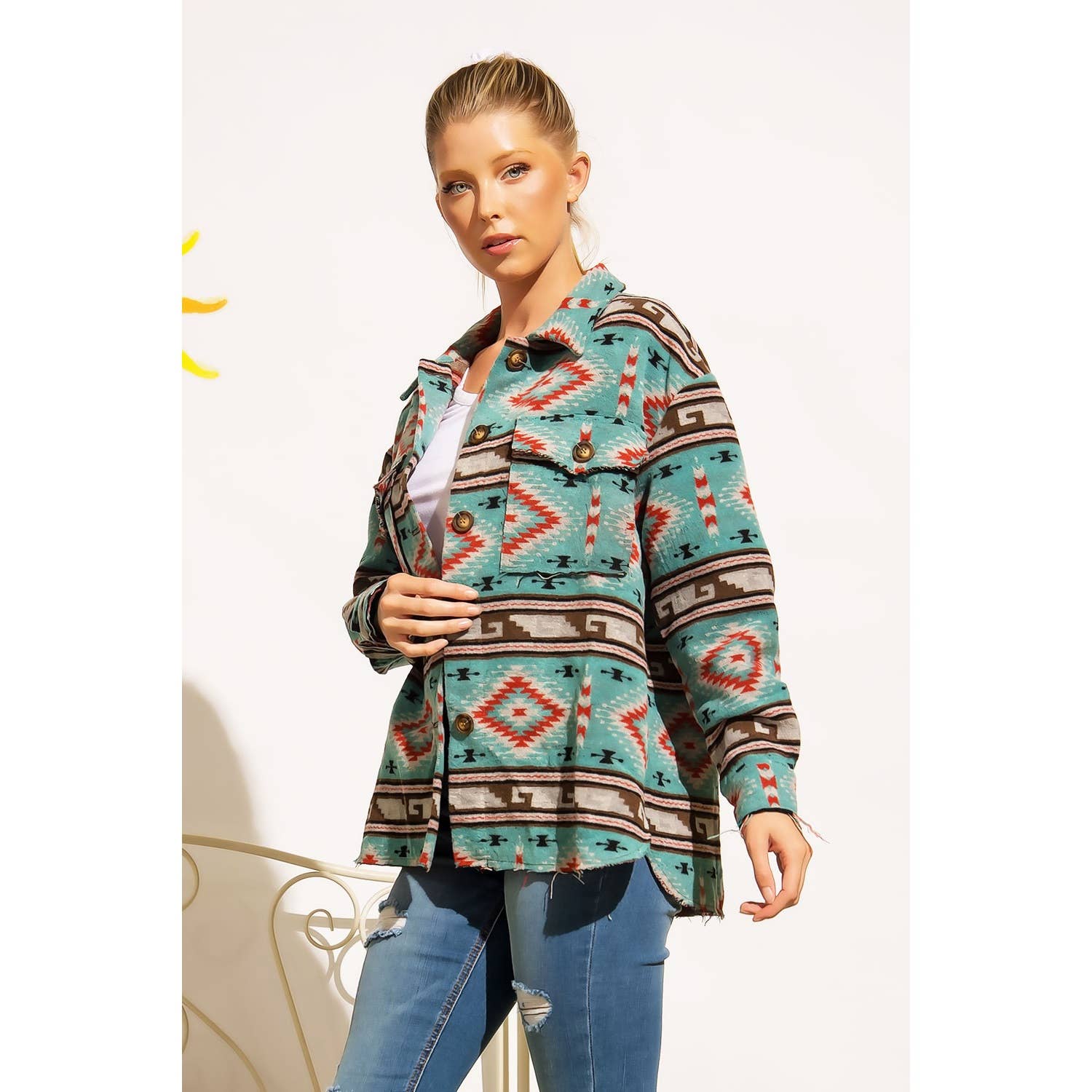 TRIBAL AZTEC PATTERN BUTTON DOWN SHIRT JACKET: Teal