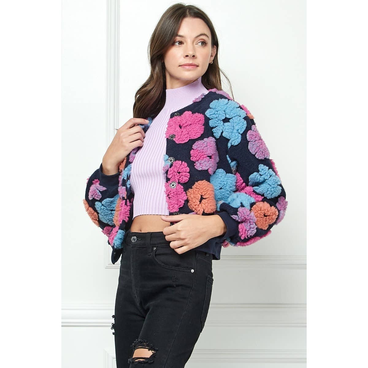 Felted Flower Puff Sleeve Button Jacket: Pink