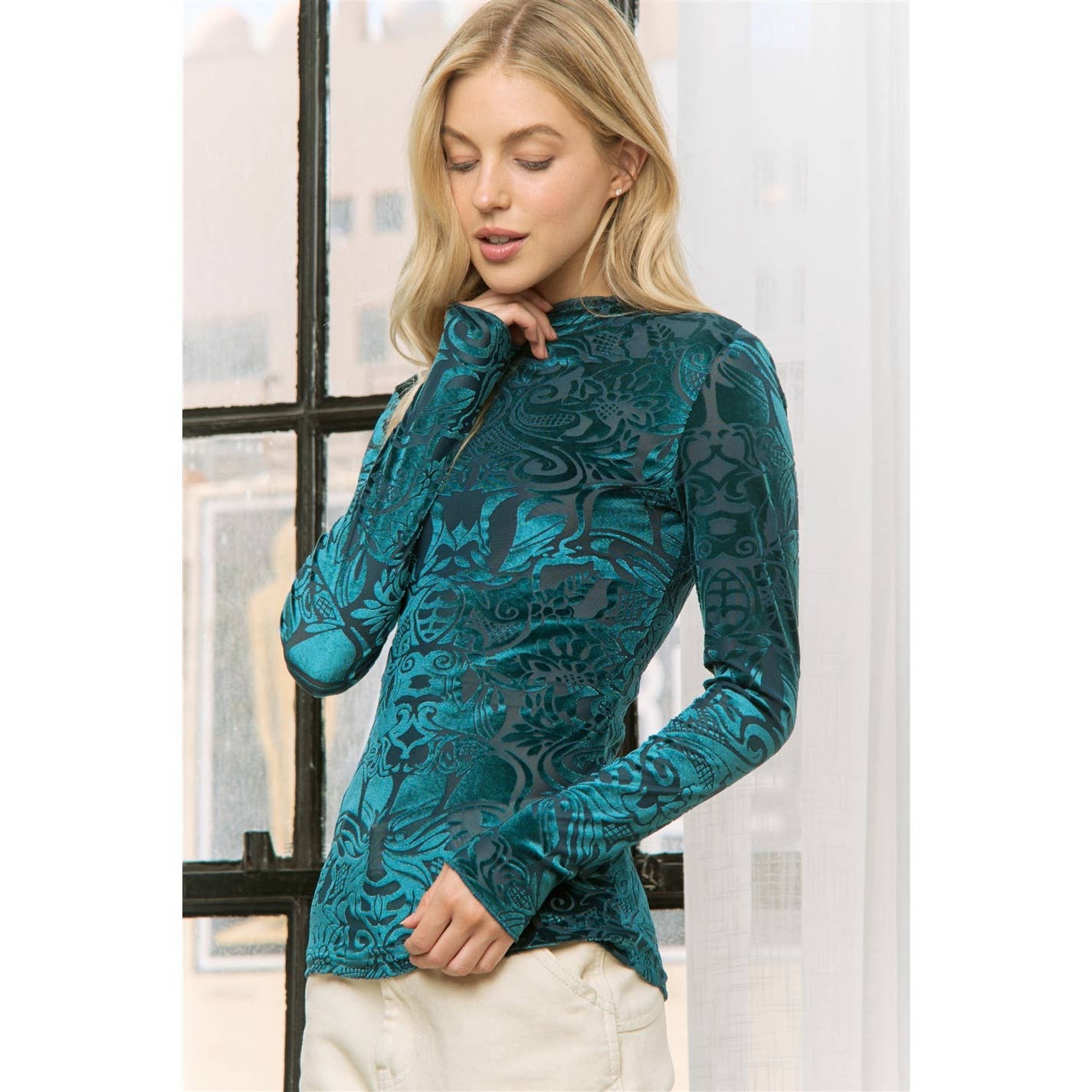 VELVET BURN OUT SLIM FIT HIGH NECKLINE TOP: