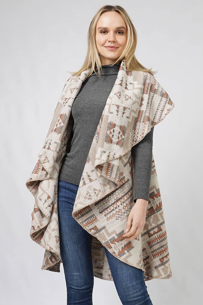 Aztec Reversible Round Shawl Vest: Beige