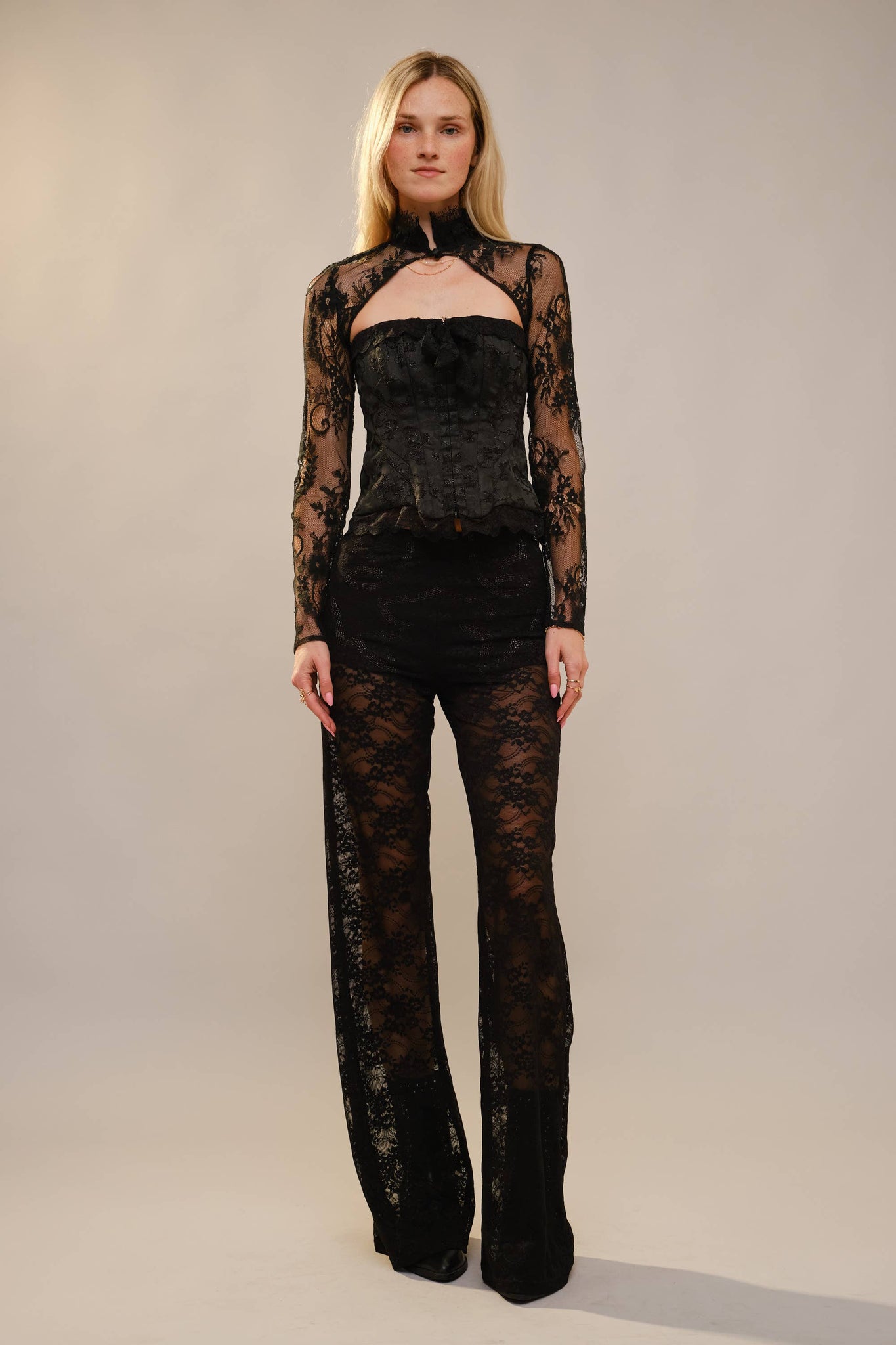 23741SET Lace Bow Front Corset & Bolero Set: BLACK