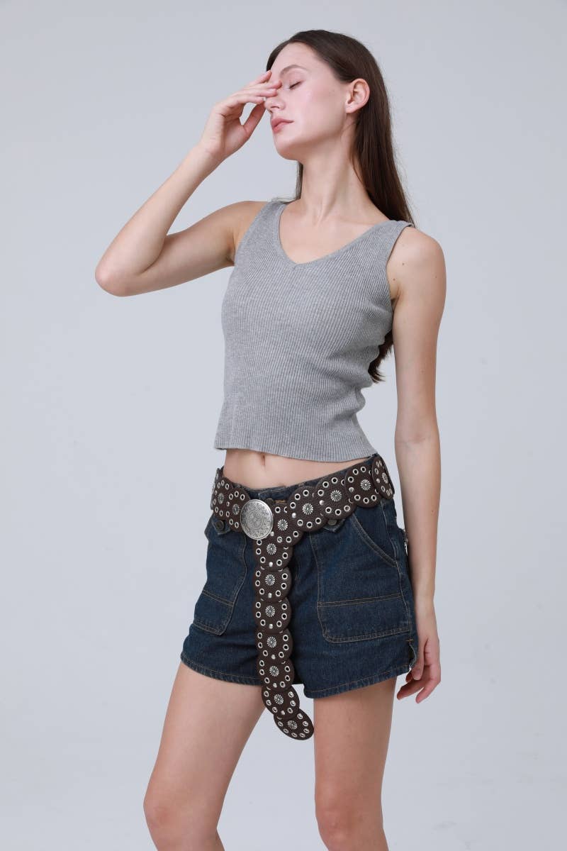 Boho Western Belt – Round Patch & Studded Detail: Brown