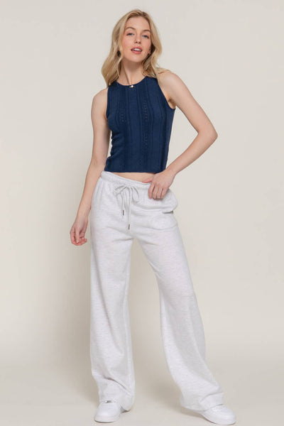 Sleeveless Crew Neck Pointelle Spring Sweater: NVY-navy