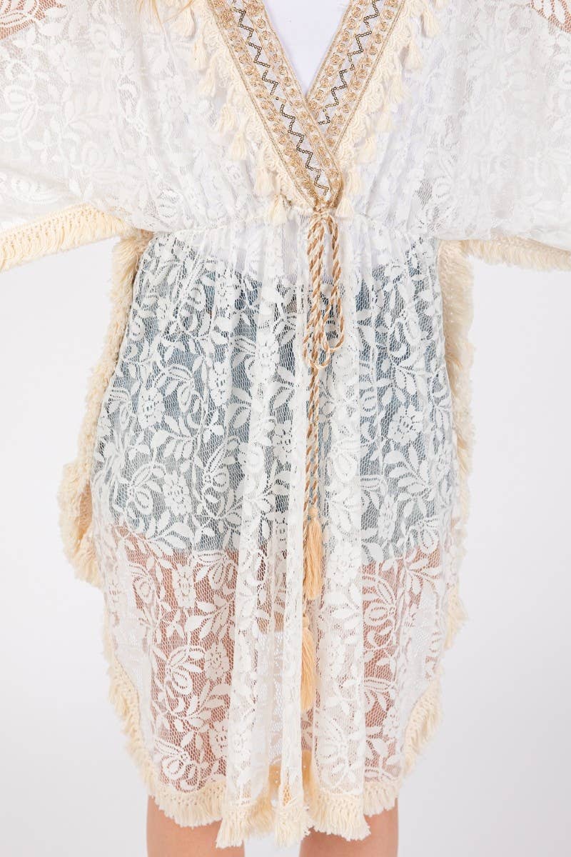 Sheer Floral Lace Tassel Trim Cover Up: WHITE