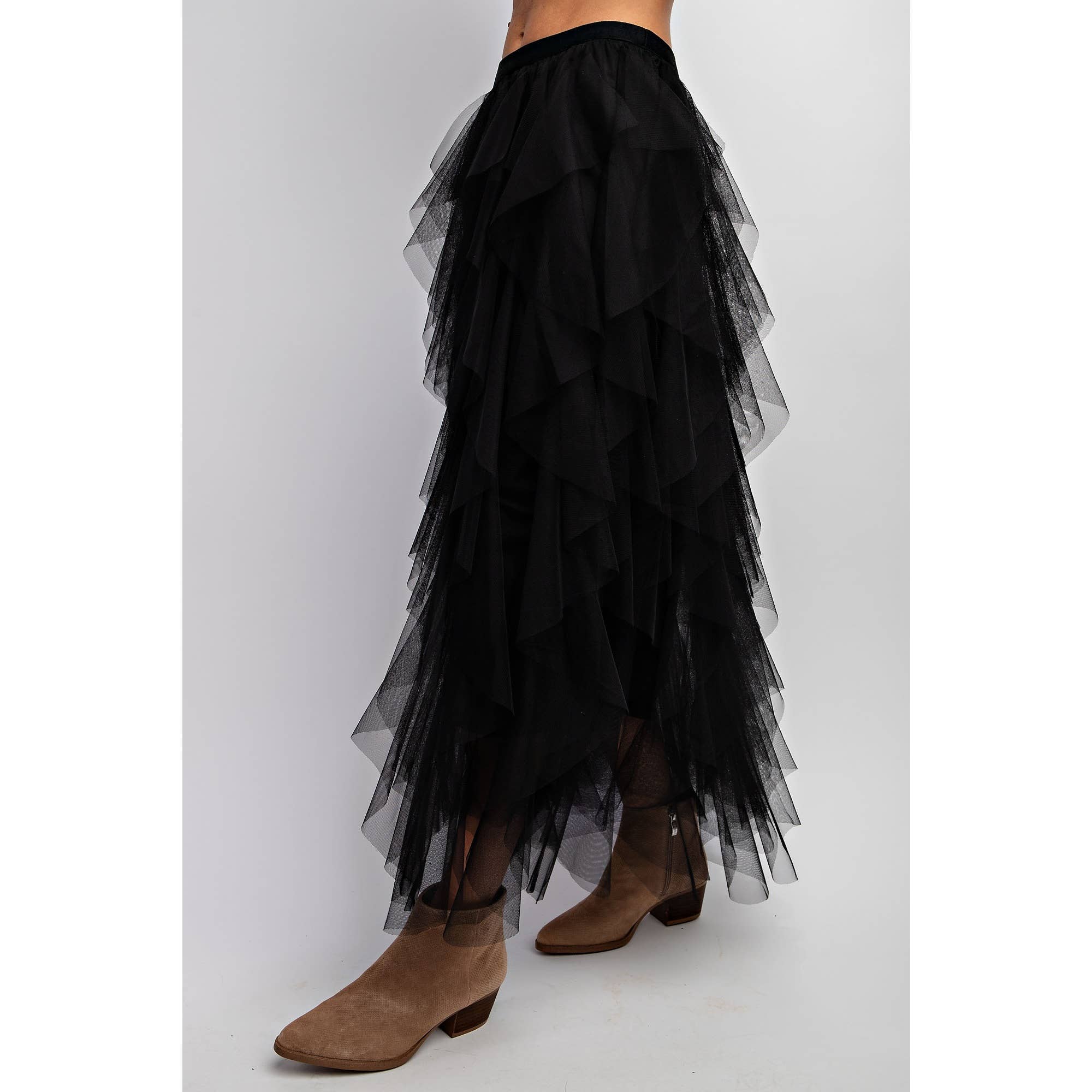 CASCADING TULLE MESH LAYERED MAX SKIRT: Black