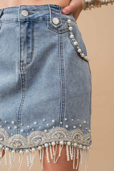 80038S - Stretch Denim Embellished Pearl Fringe Mini Skirt: MED WASH