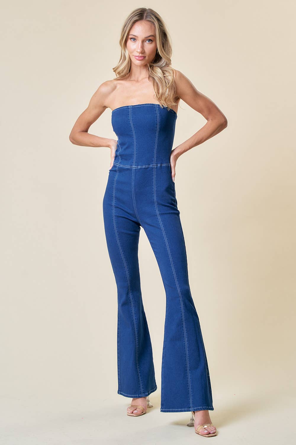 SIR4332A DENIM BLUE TUBE TOP STRAPLESS FLARE DENIM JUMPSUIT