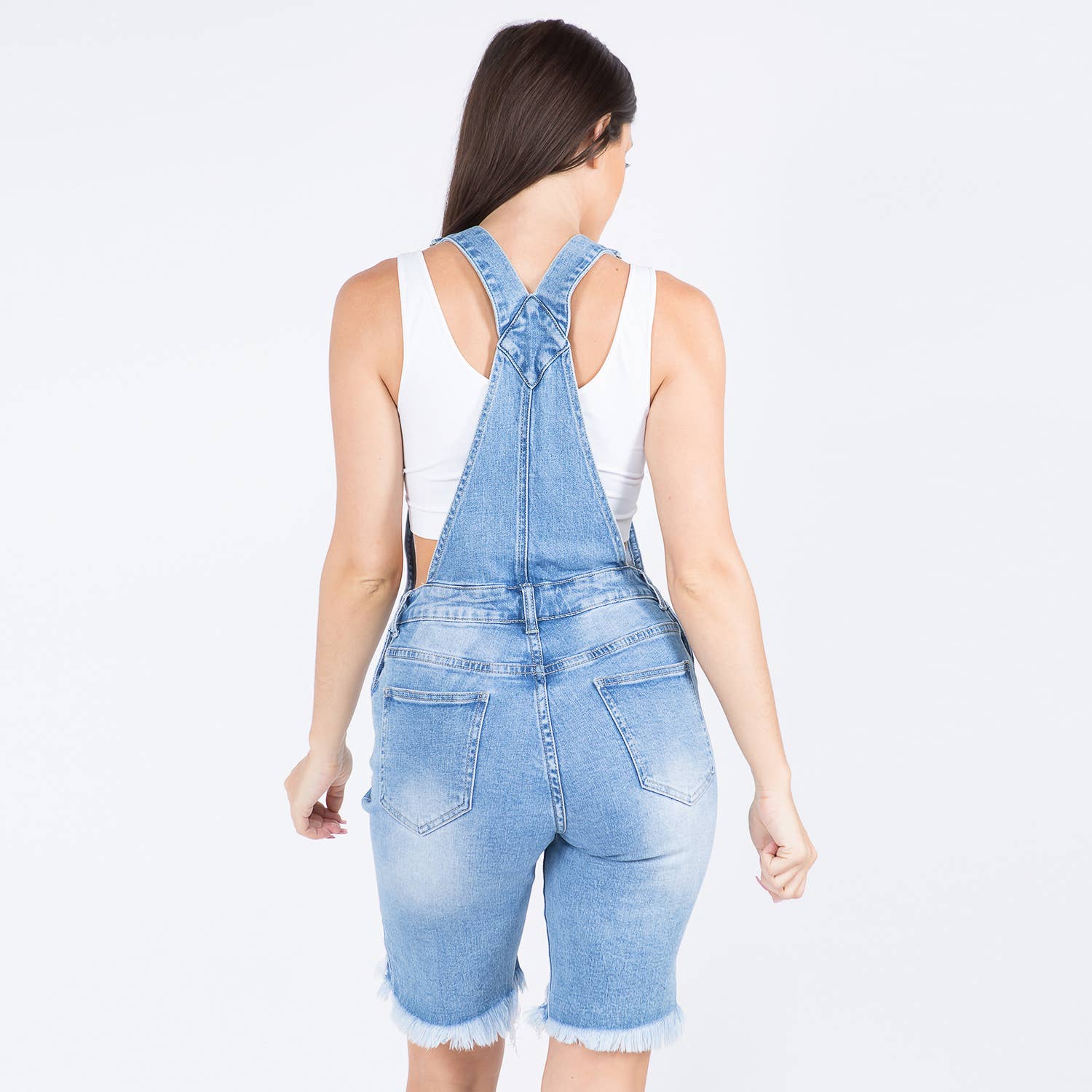 DESTROYED DENIM SHORT OVERALLS-RJSO5232:BLUE