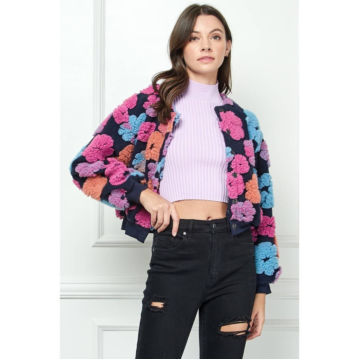 Felted Flower Puff Sleeve Button Jacket: Pink