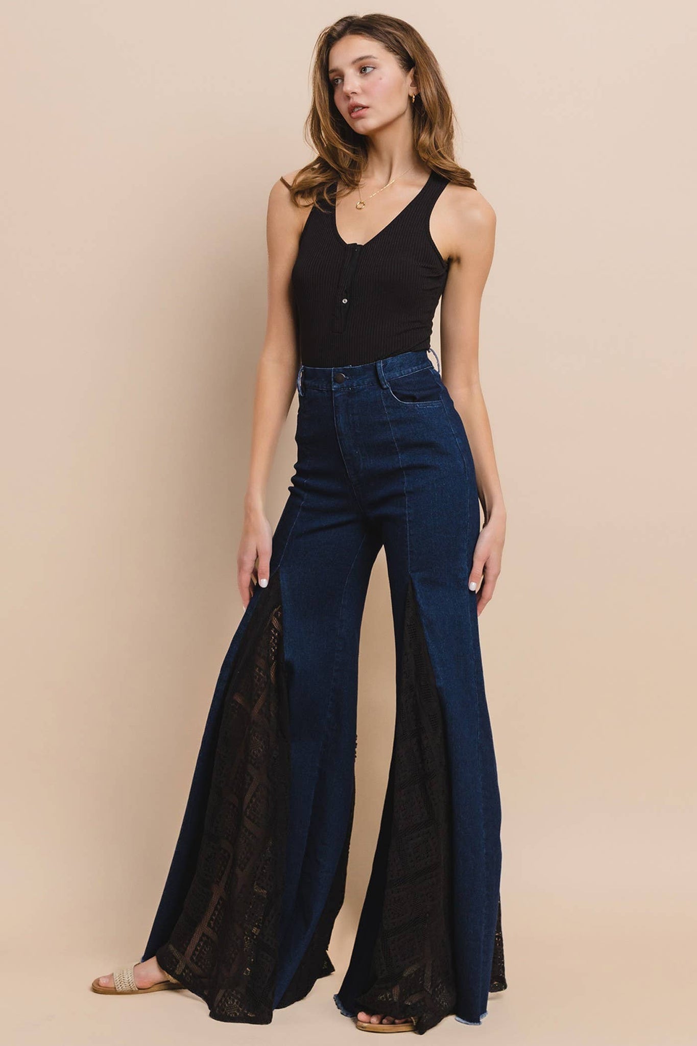 LACE DETAIL WIDE LEG JEANS 2481PIB DK DENIM : DARK DENIM