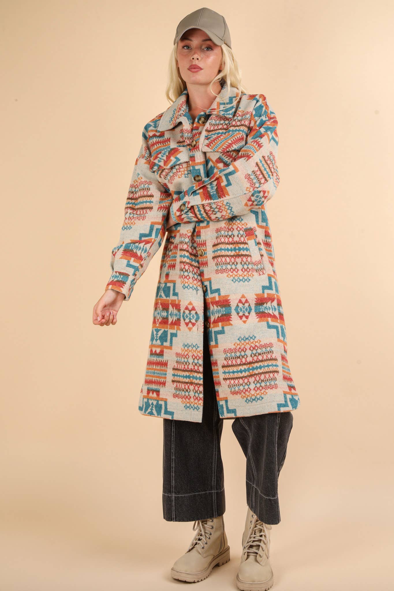 Aztec & Plaid Printed Shacket Jacket Coat: TEAL MIX