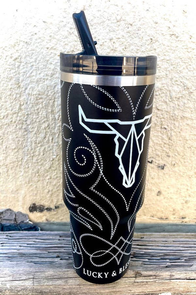 Black Boot-stitch Printed Flip Straw Tumbler (40oz)