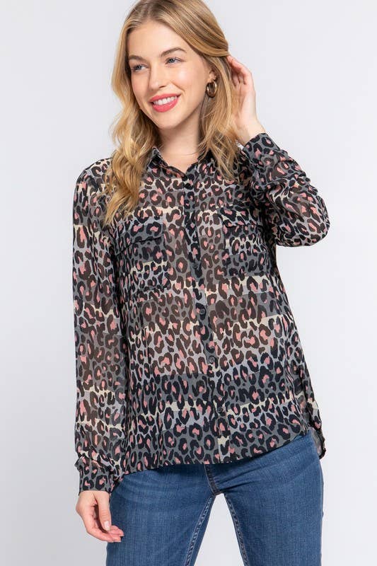 Long Sleeve Animal Print Chiffon Top: Gry-Grey/pink