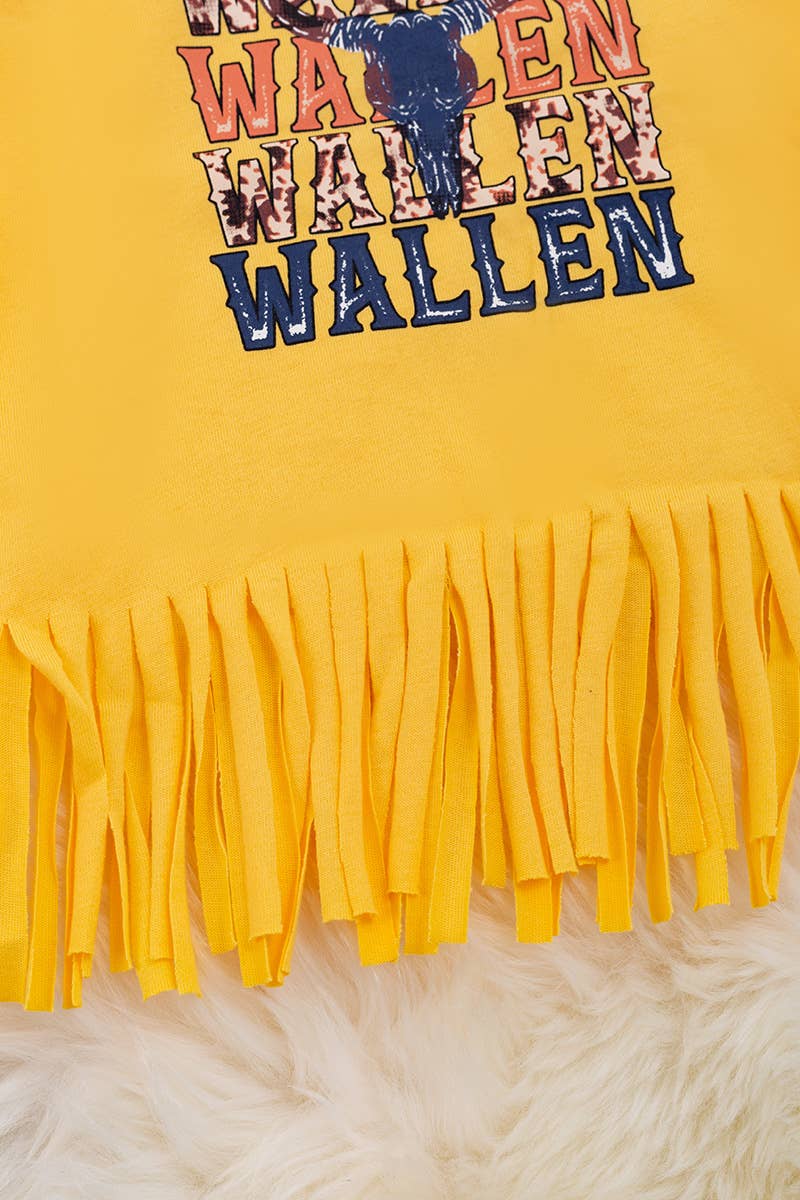 WALLEN" YELLOW GRAPHIC TEE WITH FRINGE.