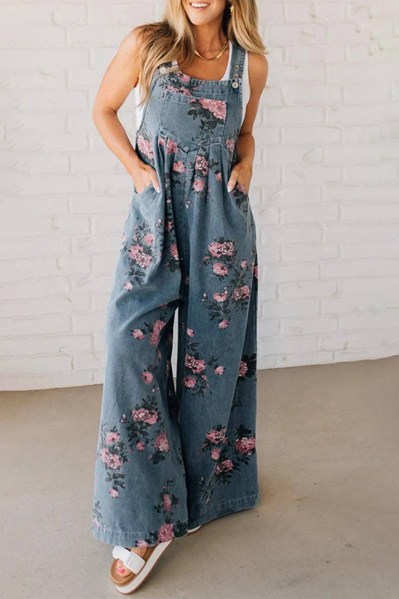 Floral Denim Wide-Leg Jumpsuit: LIGHT BLUE