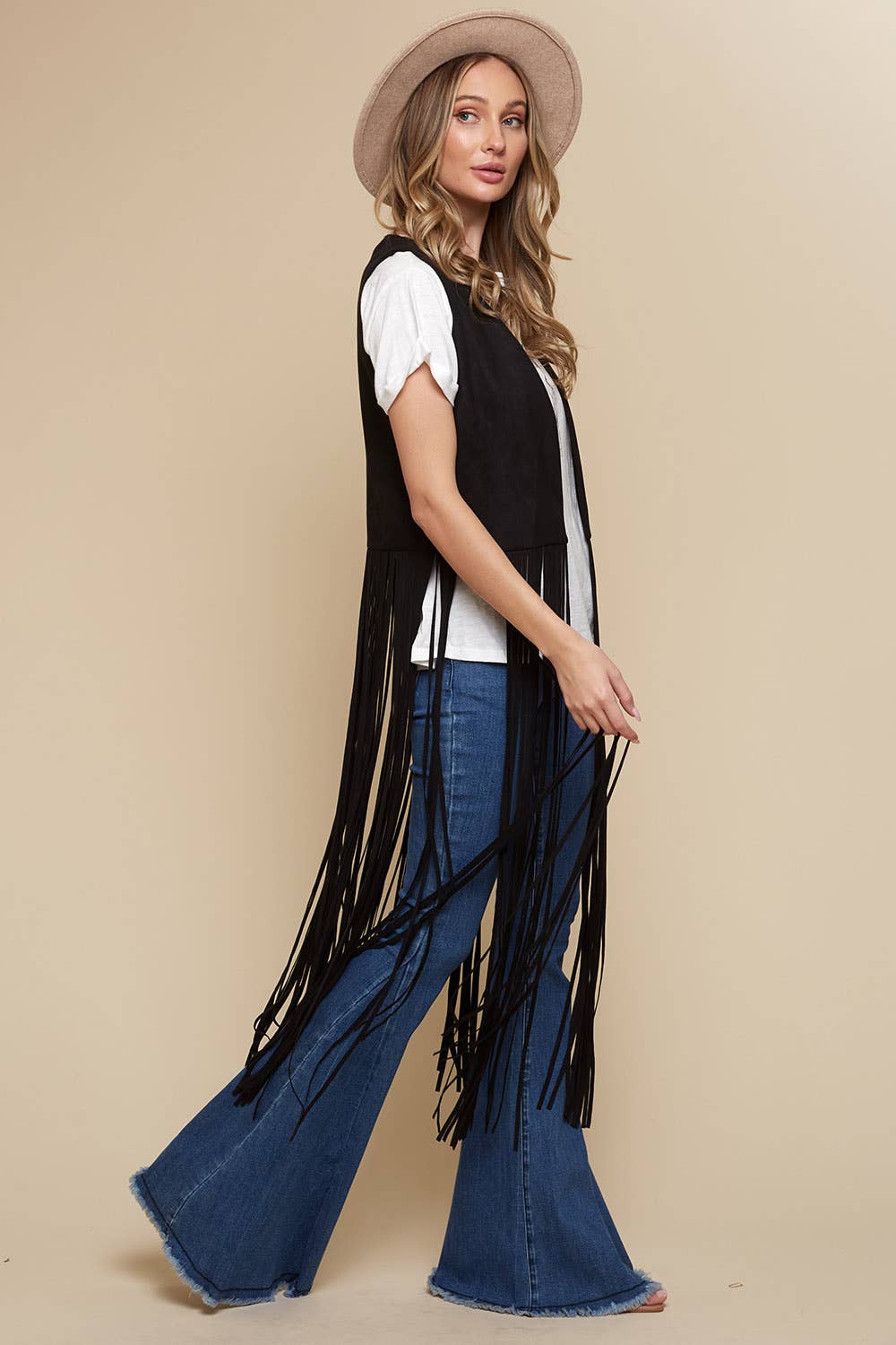 SIJ5201A BLACK LONG FRINGE FAUX SUEDE WESTERN  VEST