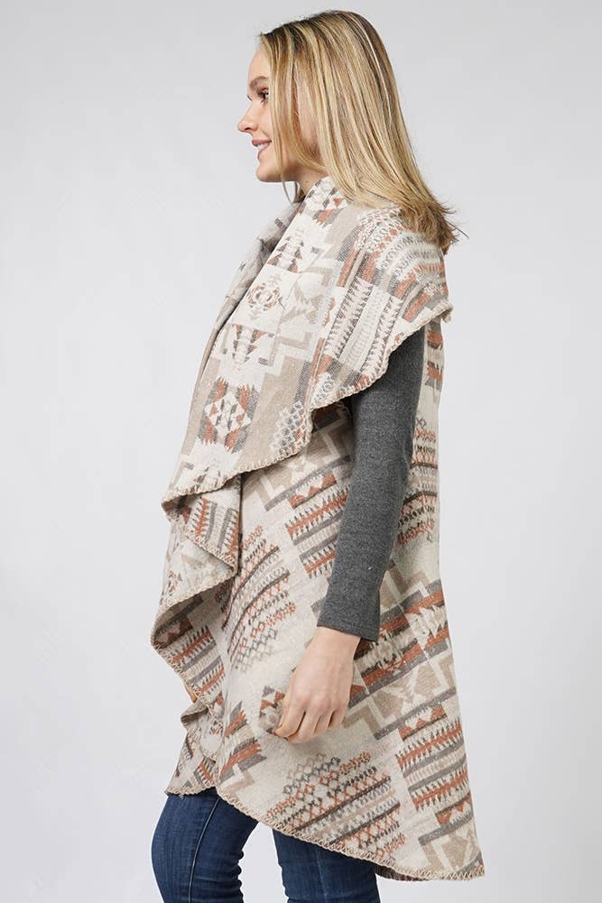 Aztec Reversible Round Shawl Vest: Beige