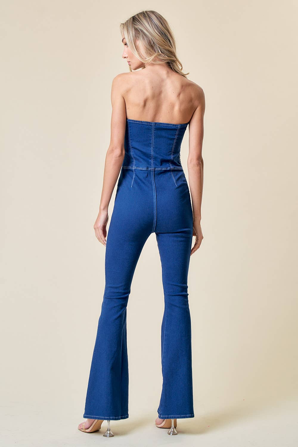 SIR4332A DENIM BLUE TUBE TOP STRAPLESS FLARE DENIM JUMPSUIT