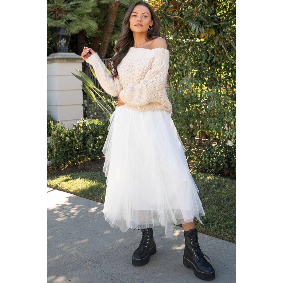 CASCADE TULLE MIDI SKIRT_78S1019: White