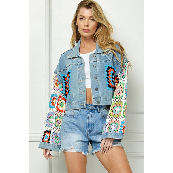 Crochet Contrast Sleeve and Pocket Denim Jacket: Med Wash