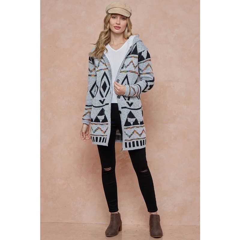 Aztec Rainbow Long Sleeve Hoodie Cardigan w_Sherpa