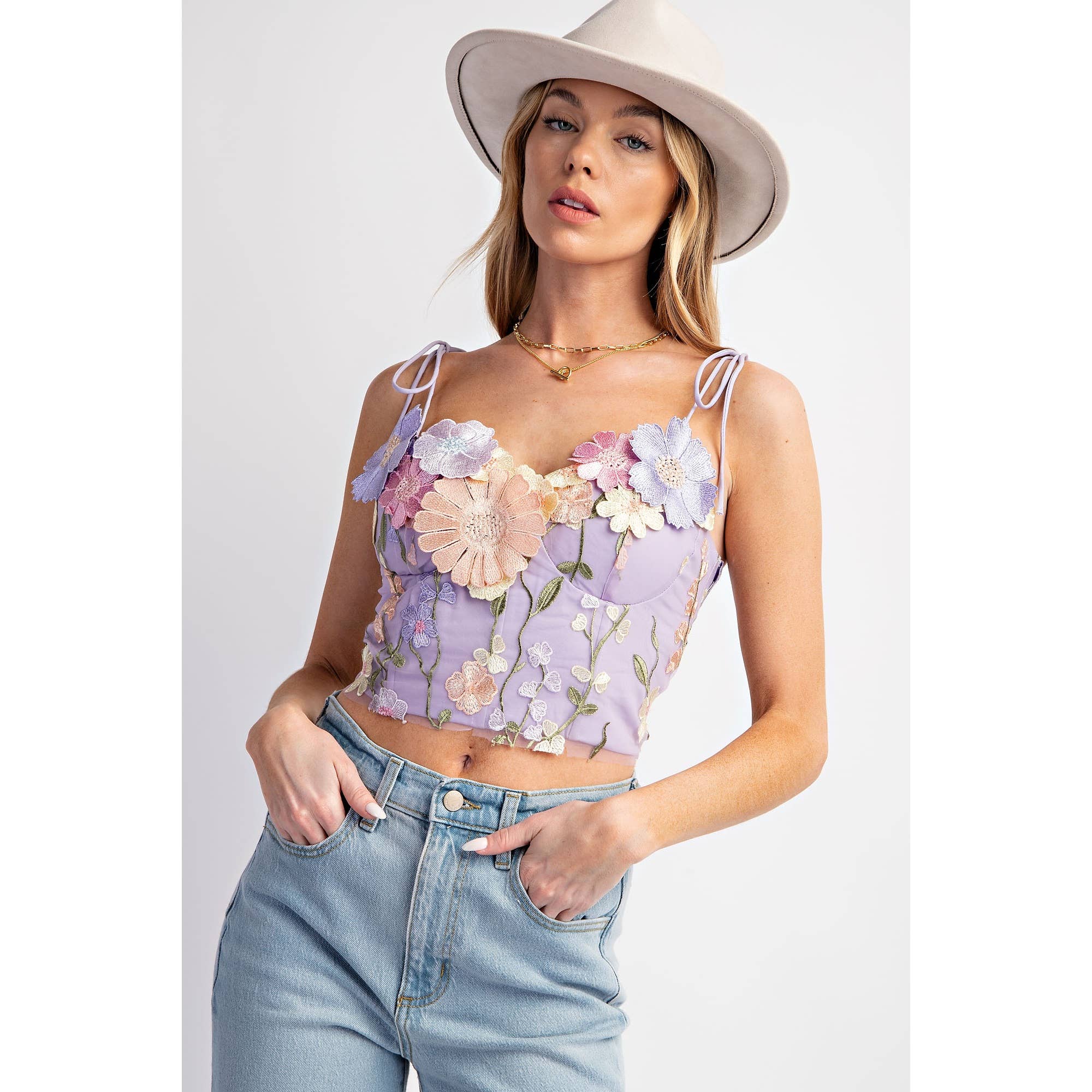 3D FLOWER EMBROIDERY TANK TOP: Lavender