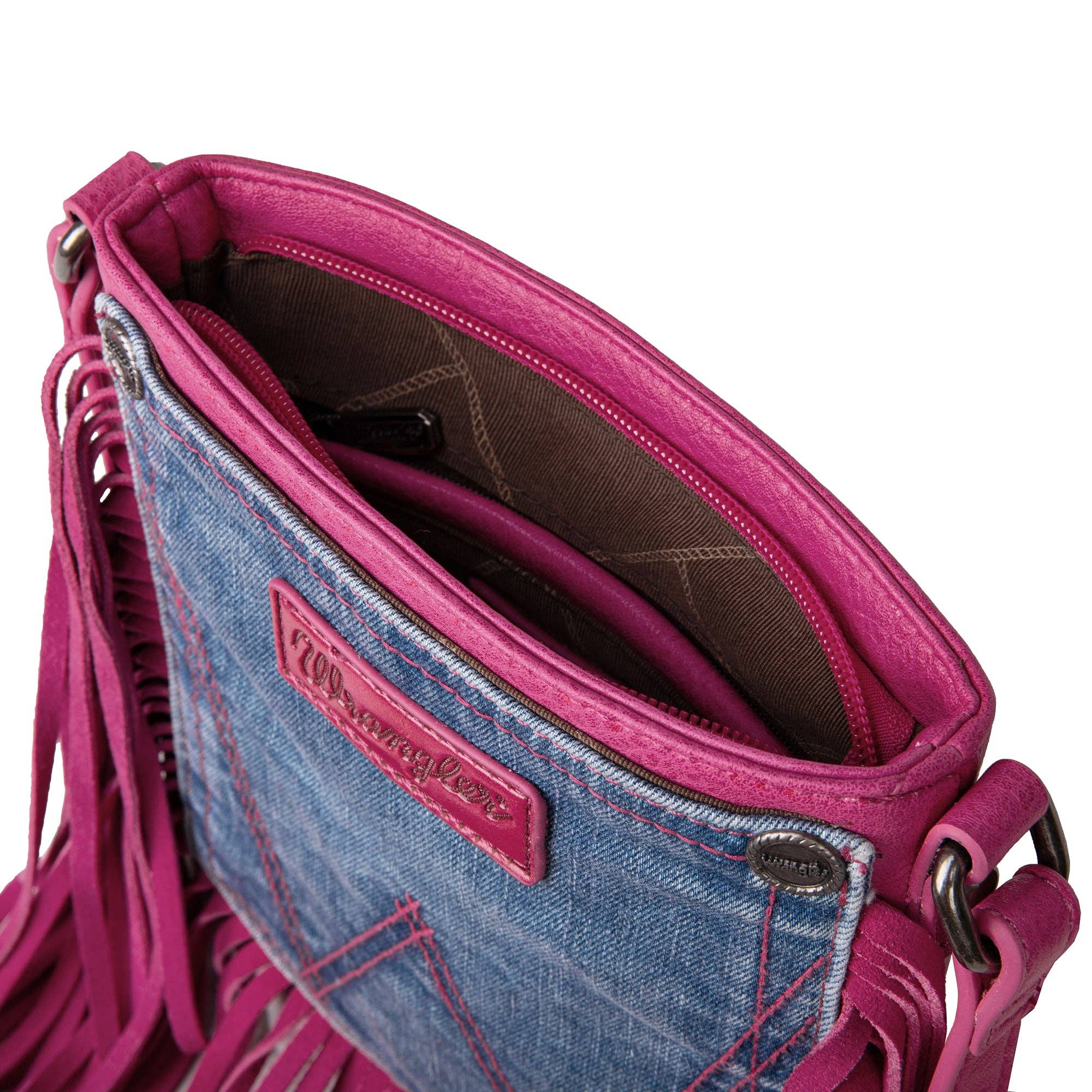 WG44-8360 Wrangler Leather Fringe Jean Denim Pocket Crossbody - Hot Pink: Pink