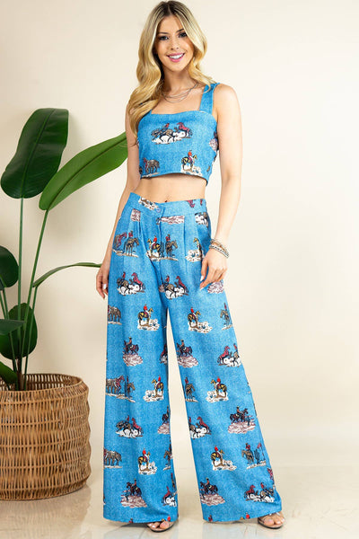 P1261T1549-5220-
Wester Running Horses Print Crop Top And Pants