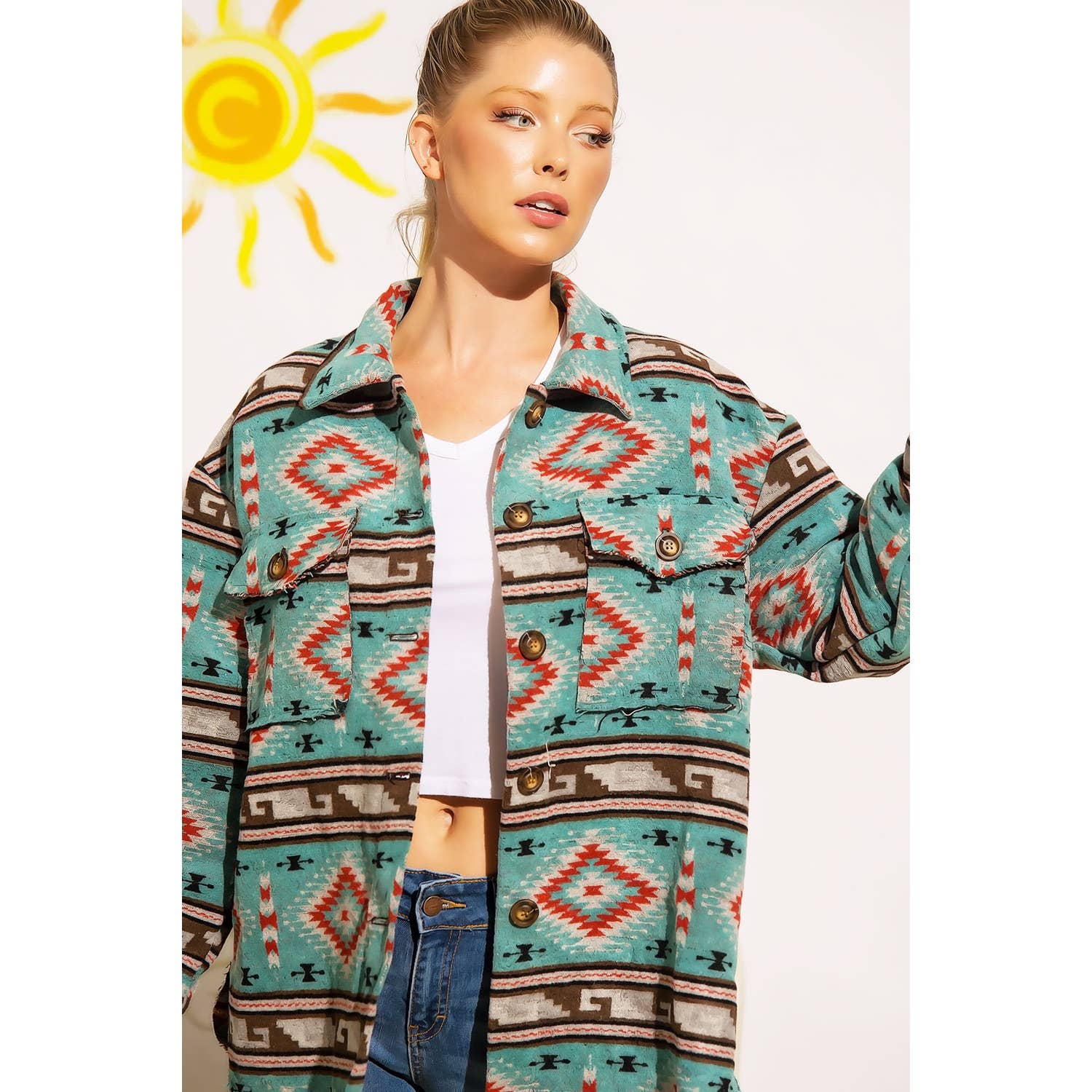 TRIBAL AZTEC PATTERN BUTTON DOWN SHIRT JACKET: Teal