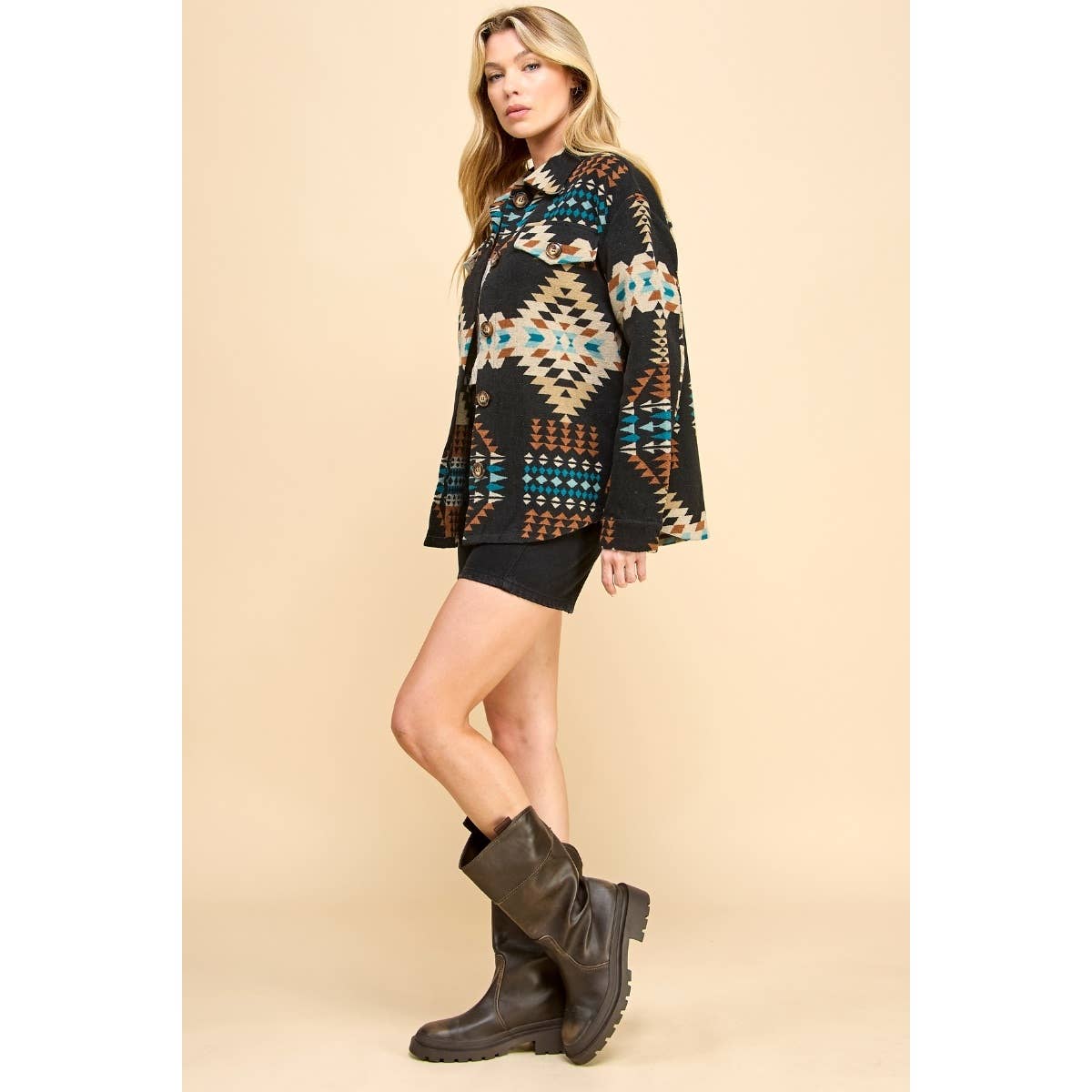 VJ71485 - Aztec Print Shacket : Black Combo