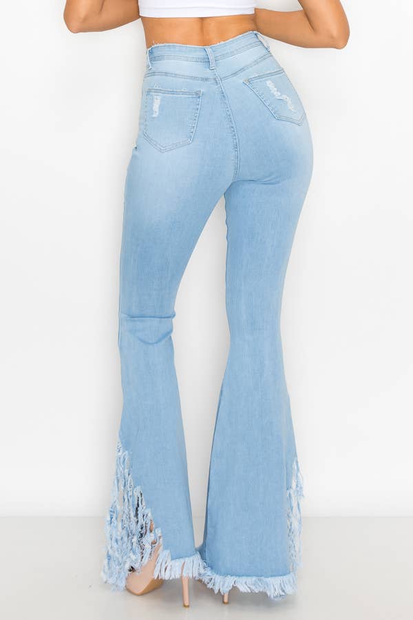 JAZZ-045 HIGH WAISTED DISTRESSED BELL BOTTOMS WOMEN JEANS: LIGHT BLUE
