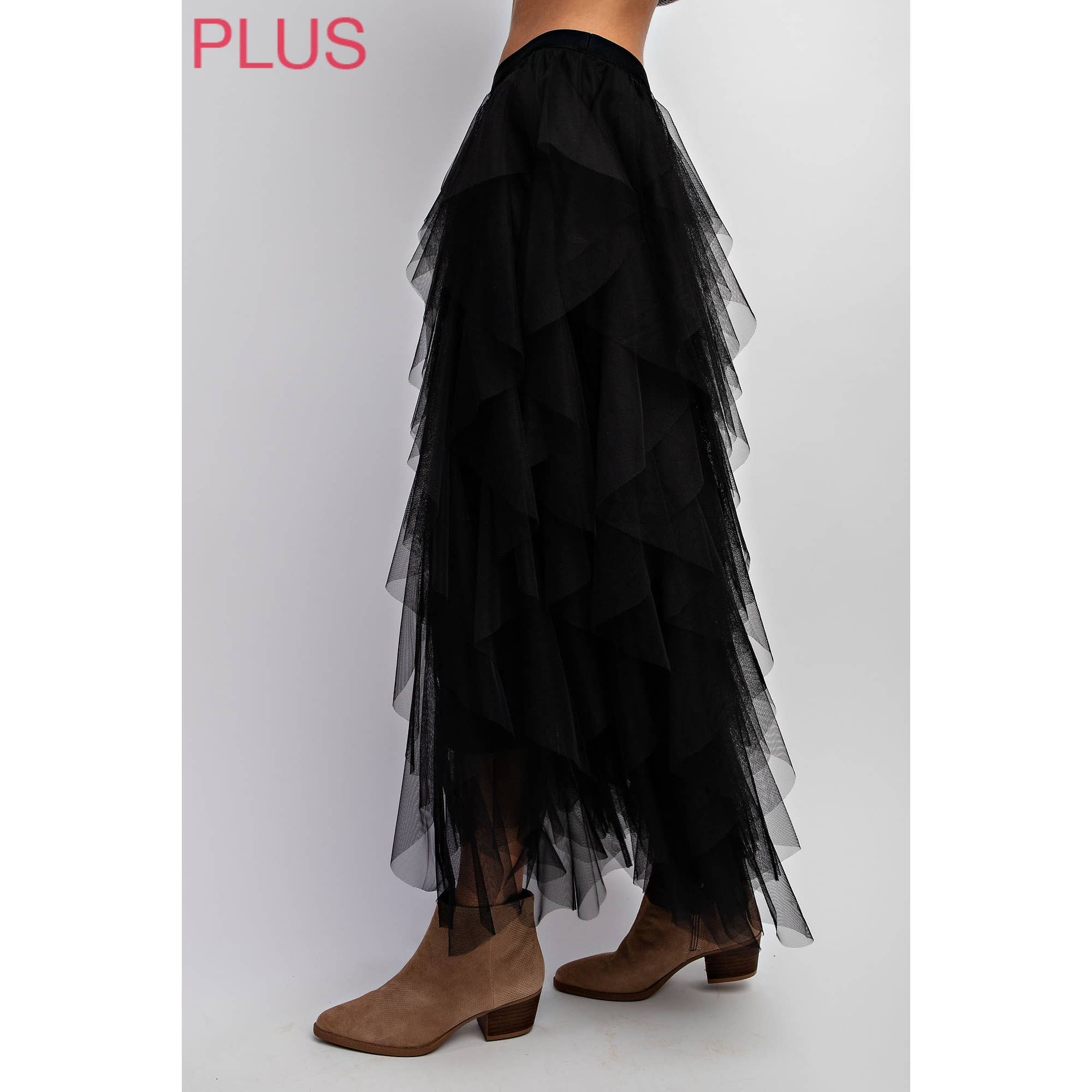 PLUS CASCADING TULLE MESH LAYERED MAX SKIRT: Black