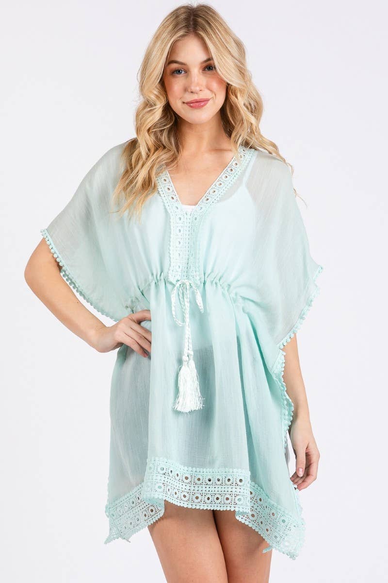 Crochet Trim Front Drawstring Cover Up: CO