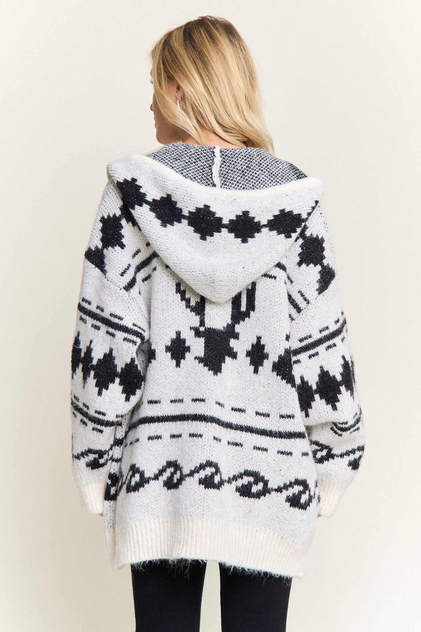 CESW4139-ZIP-UP AZTEC HOODED KNIT CARDIGAN:ONESIZE