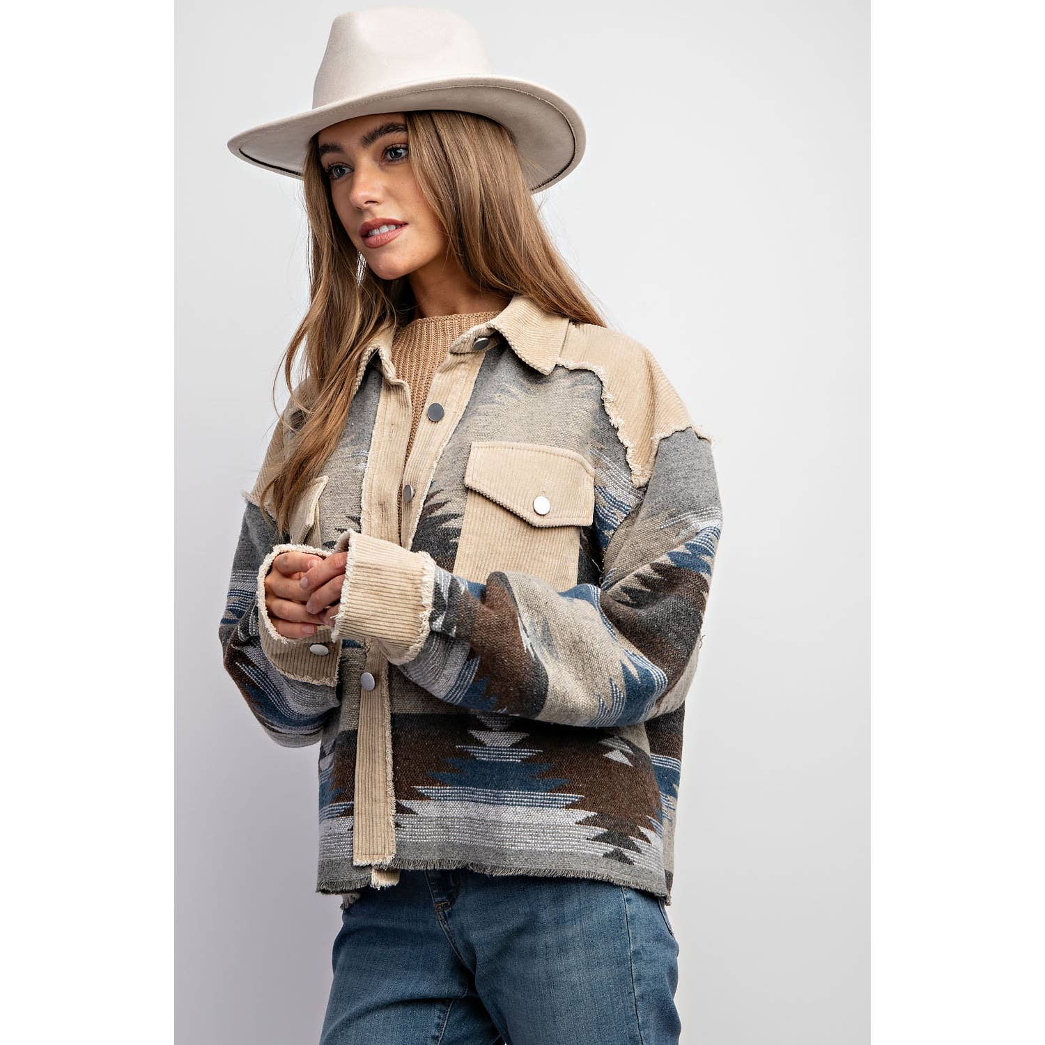 TRIBAL AZTEC PATTERN COLORBLOCK BUTTON DOWN SHIRT JACKET
