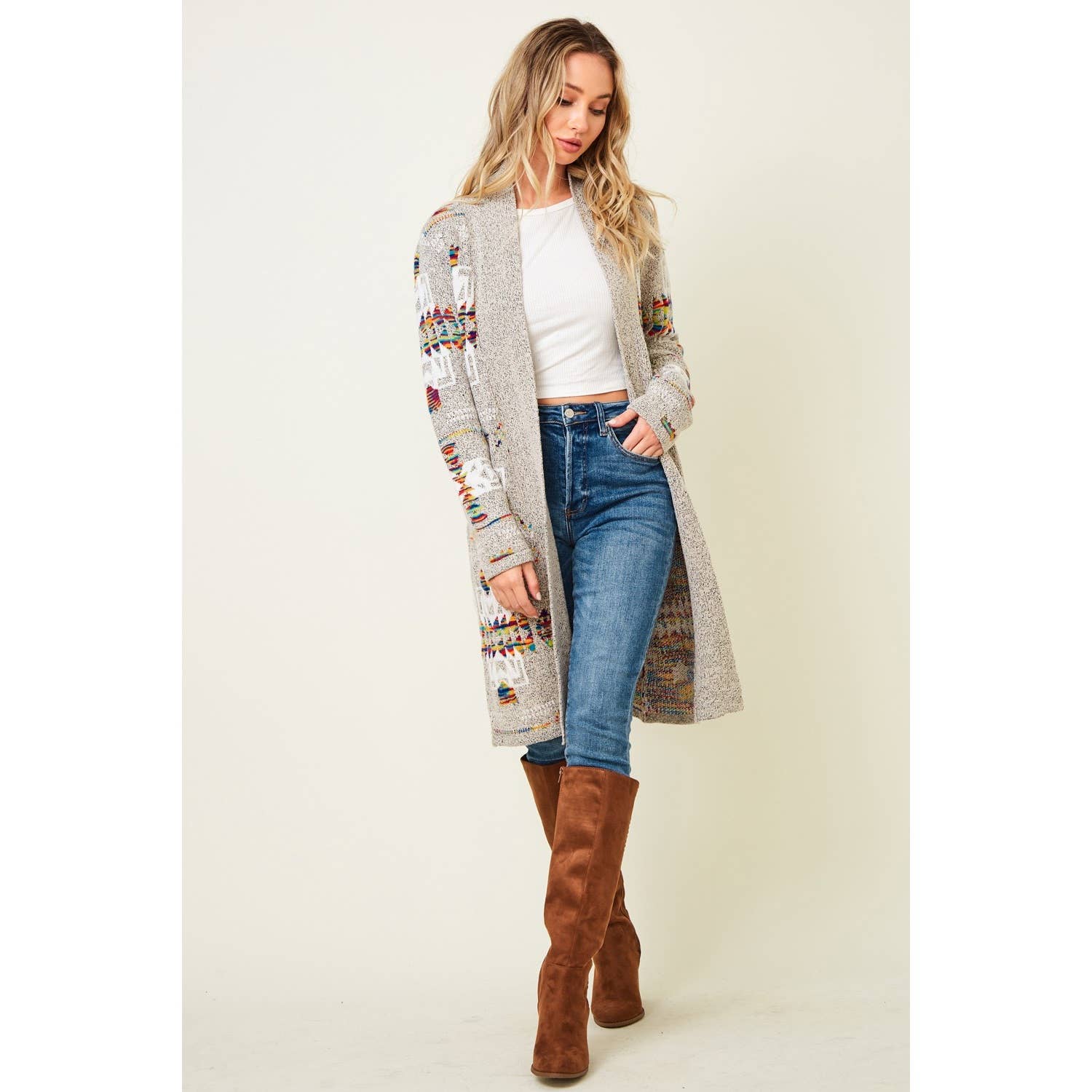 Print Long Sleeve Open Front Cardigan: