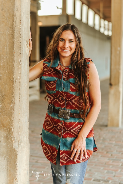 Maroon Jade Aztec Wool Blend Sleeveless Shacket