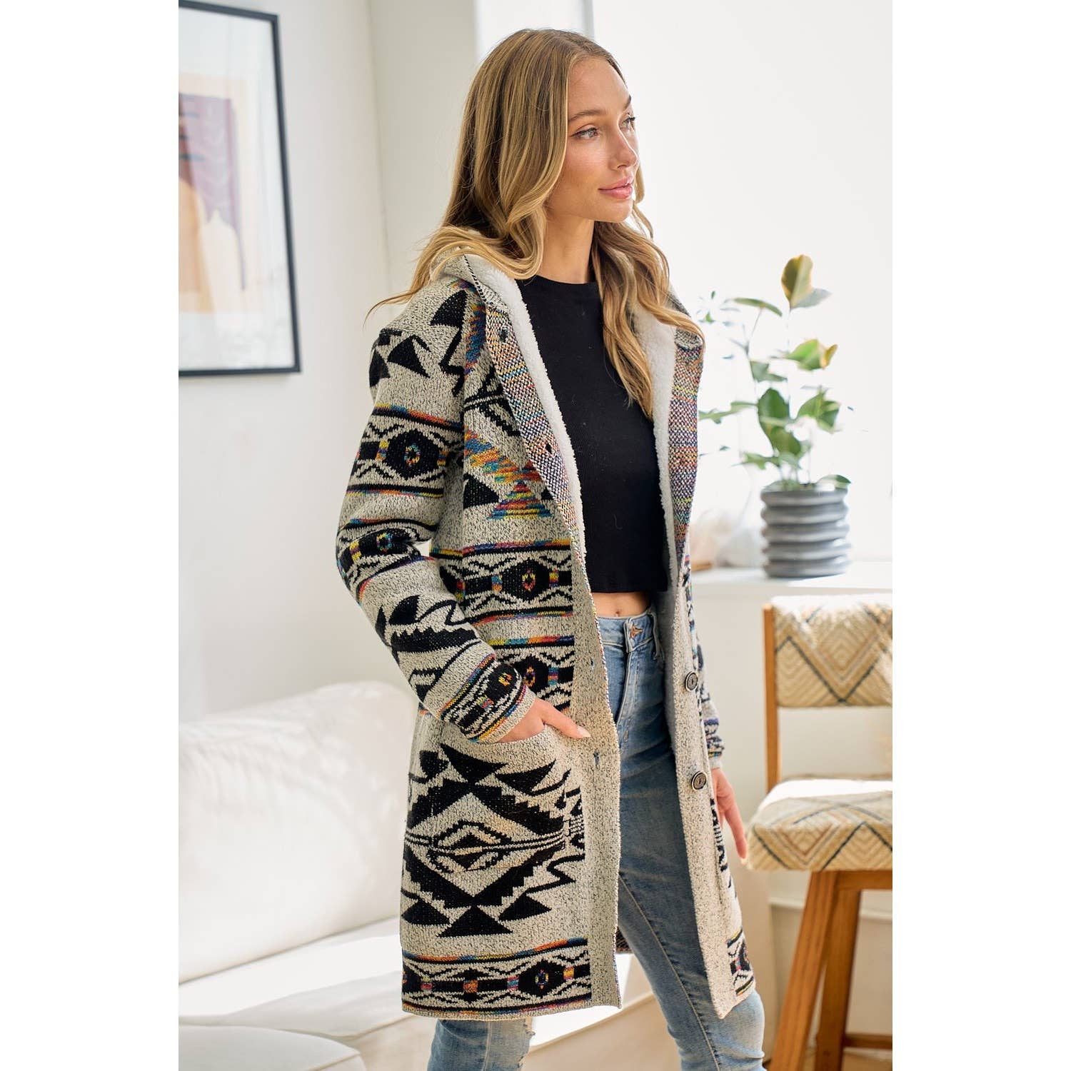 Rainbow Aztec Long Sleeve Hooded Sweater Cardigan: OATMEAL MULTI