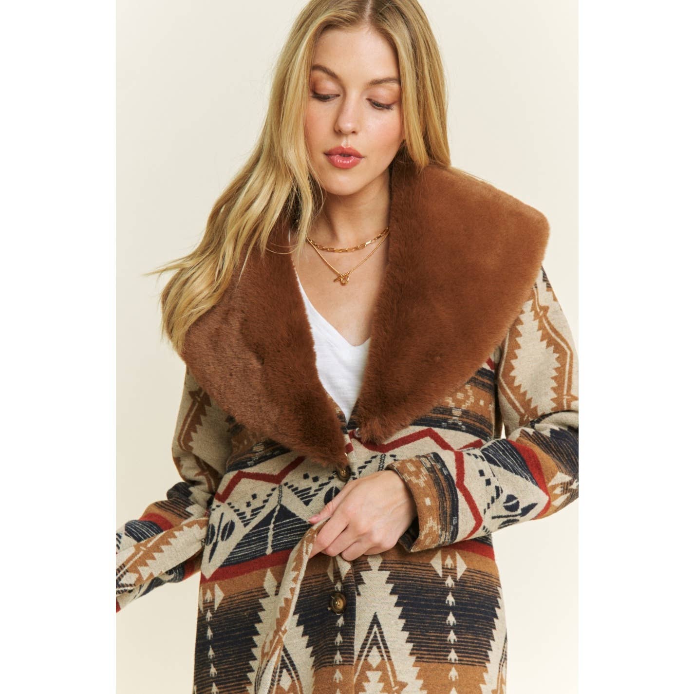 AZTEC JACKET SHACKET WITH CONTRAST FUR SHOWL COLLAR: Navy