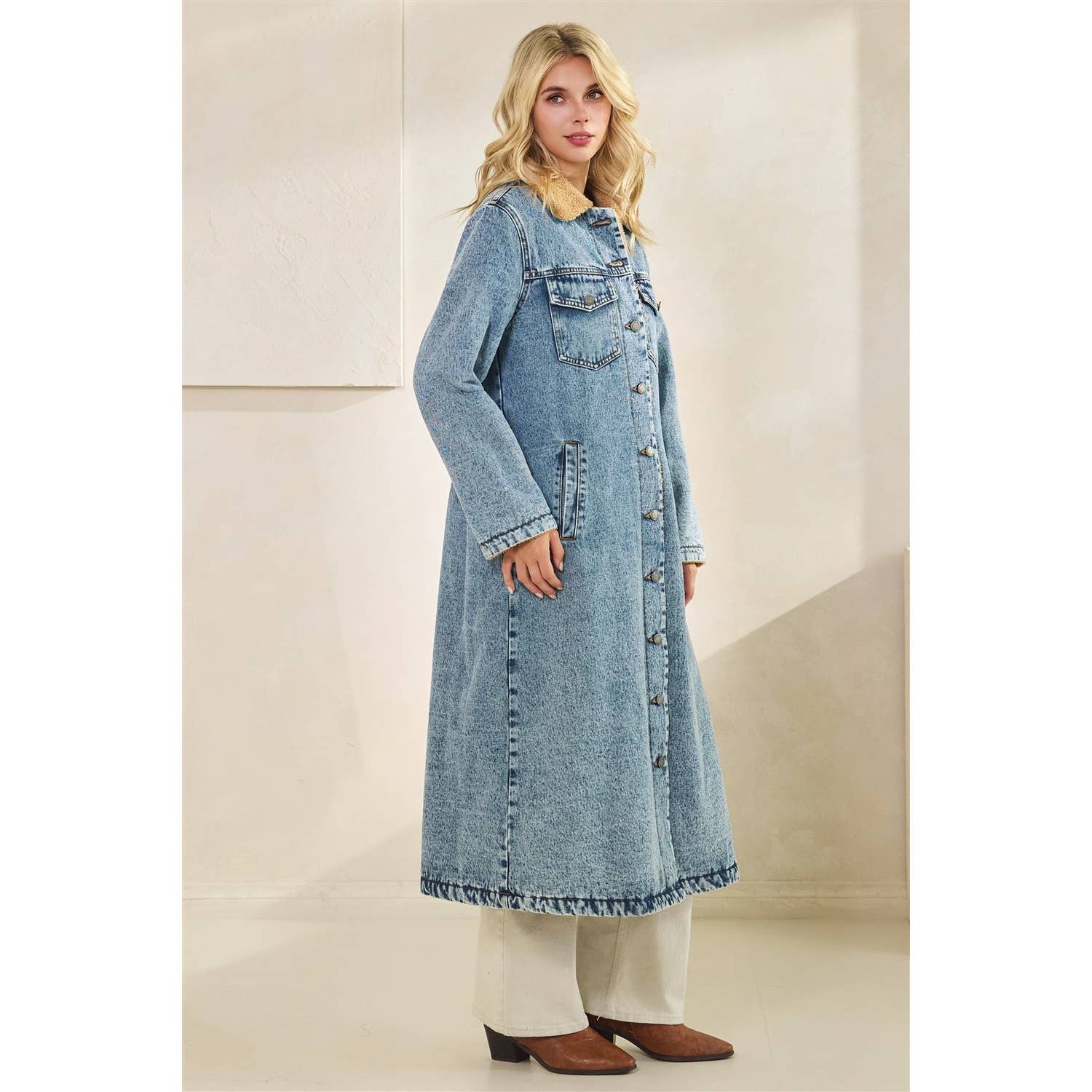 Teddy Lined Long Denim Jacket: Med Wash