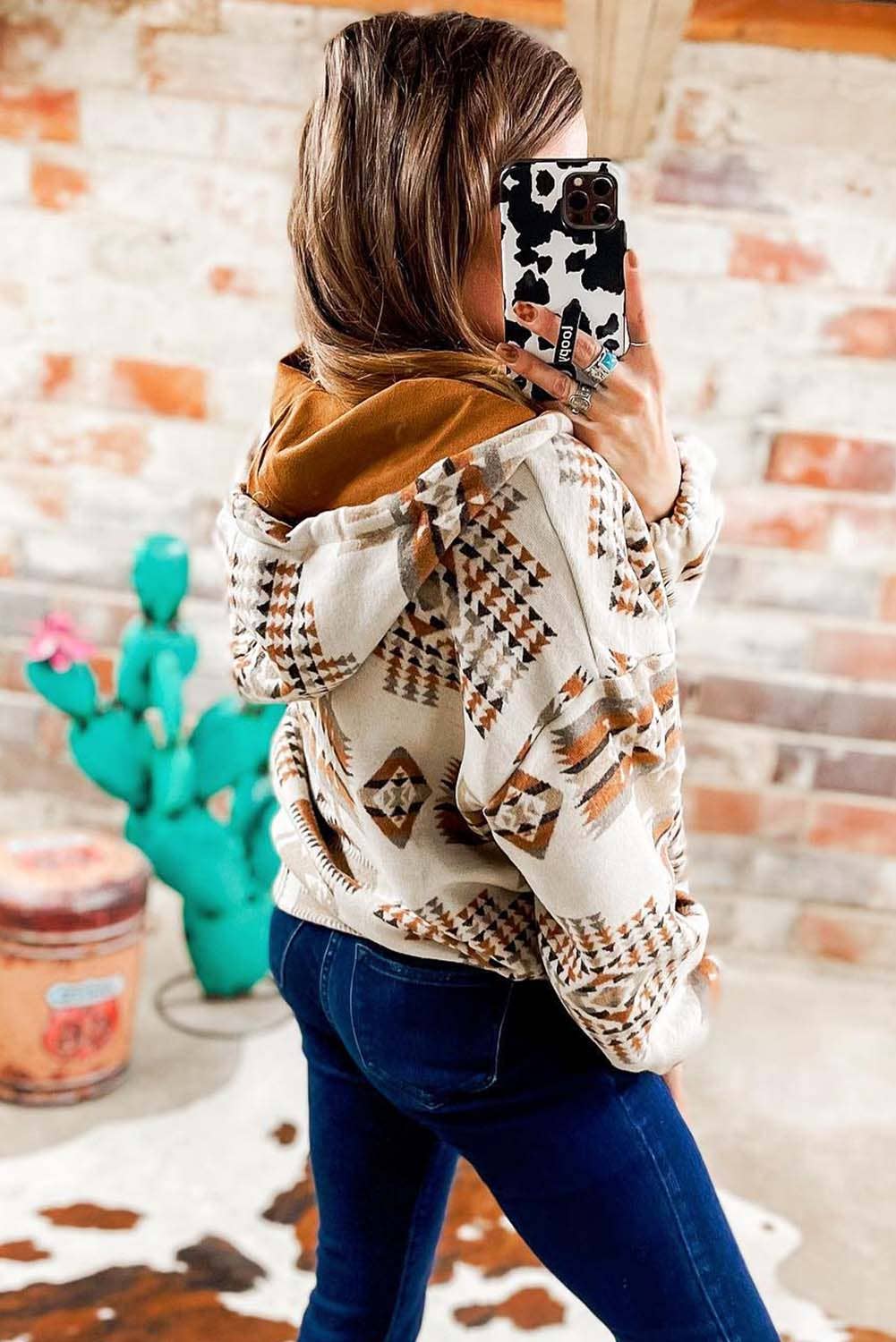 Beige Aztec Print Kangaroo Pocket Half-Zip Hoodie: Beige / 100%Polyester / M