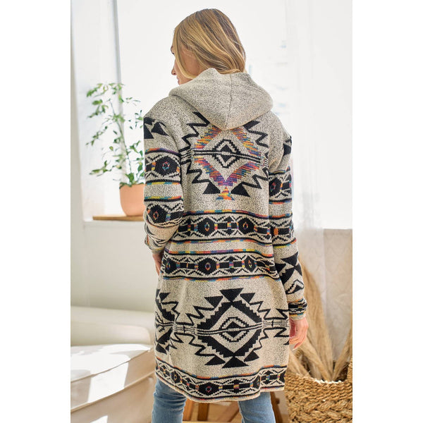 Rainbow Aztec Long Sleeve Hooded Sweater Cardigan: OATMEAL MULTI