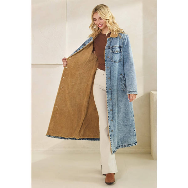 Teddy Lined Long Denim Jacket: Med Wash
