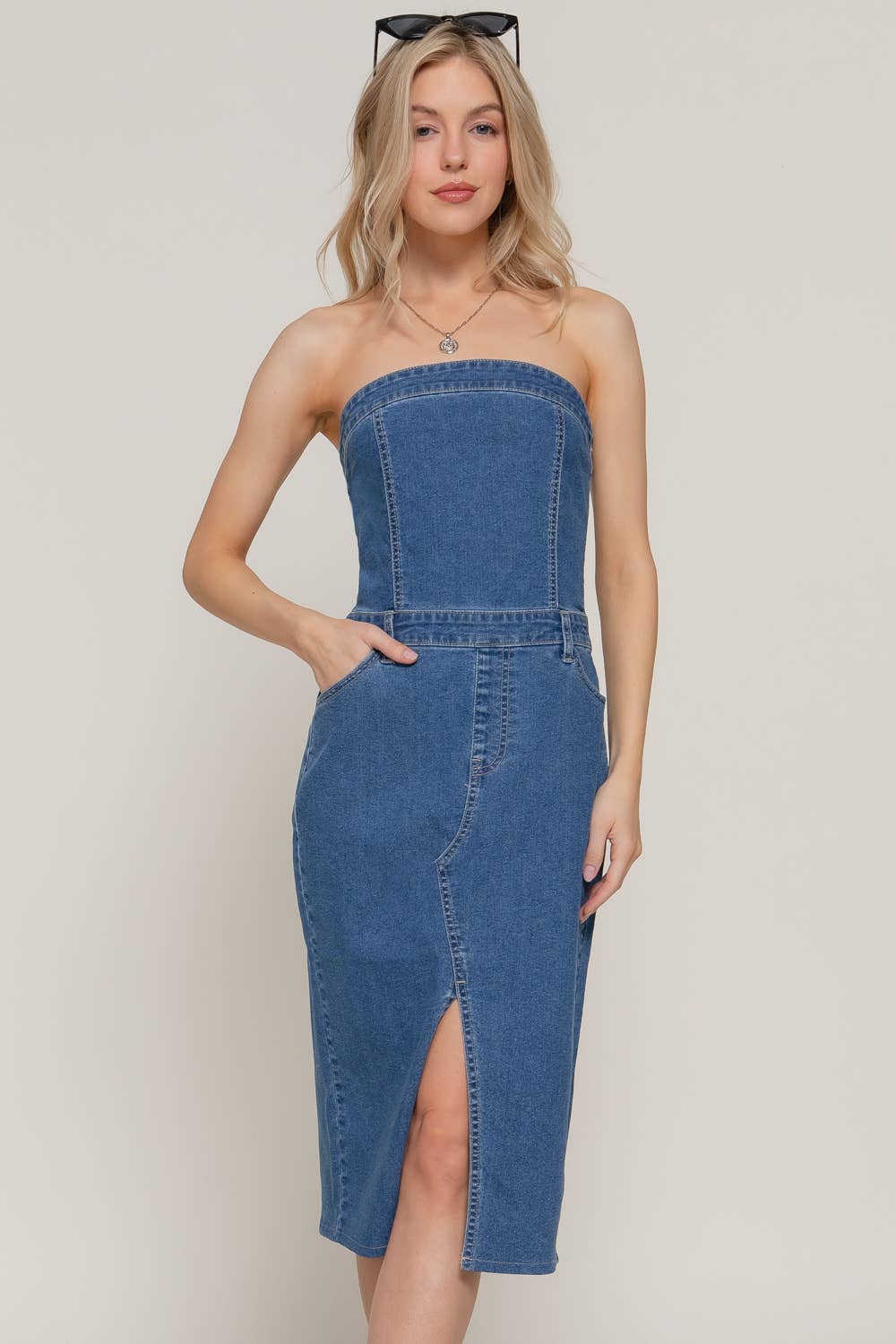 Stretch Denim with Front Slit Tube Dress: BLU-denim blue