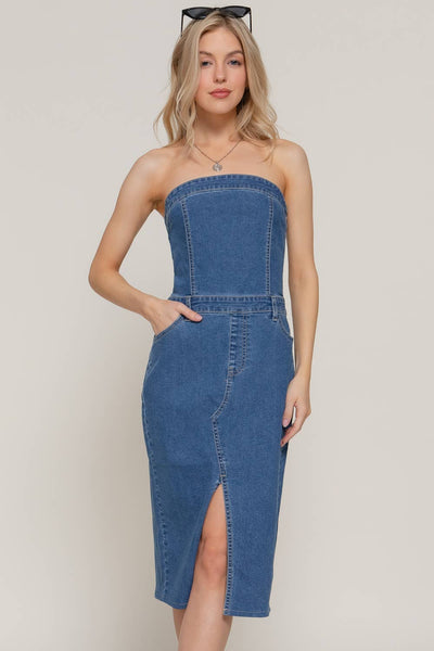 Stretch Denim with Front Slit Tube Dress: BLU-denim blue